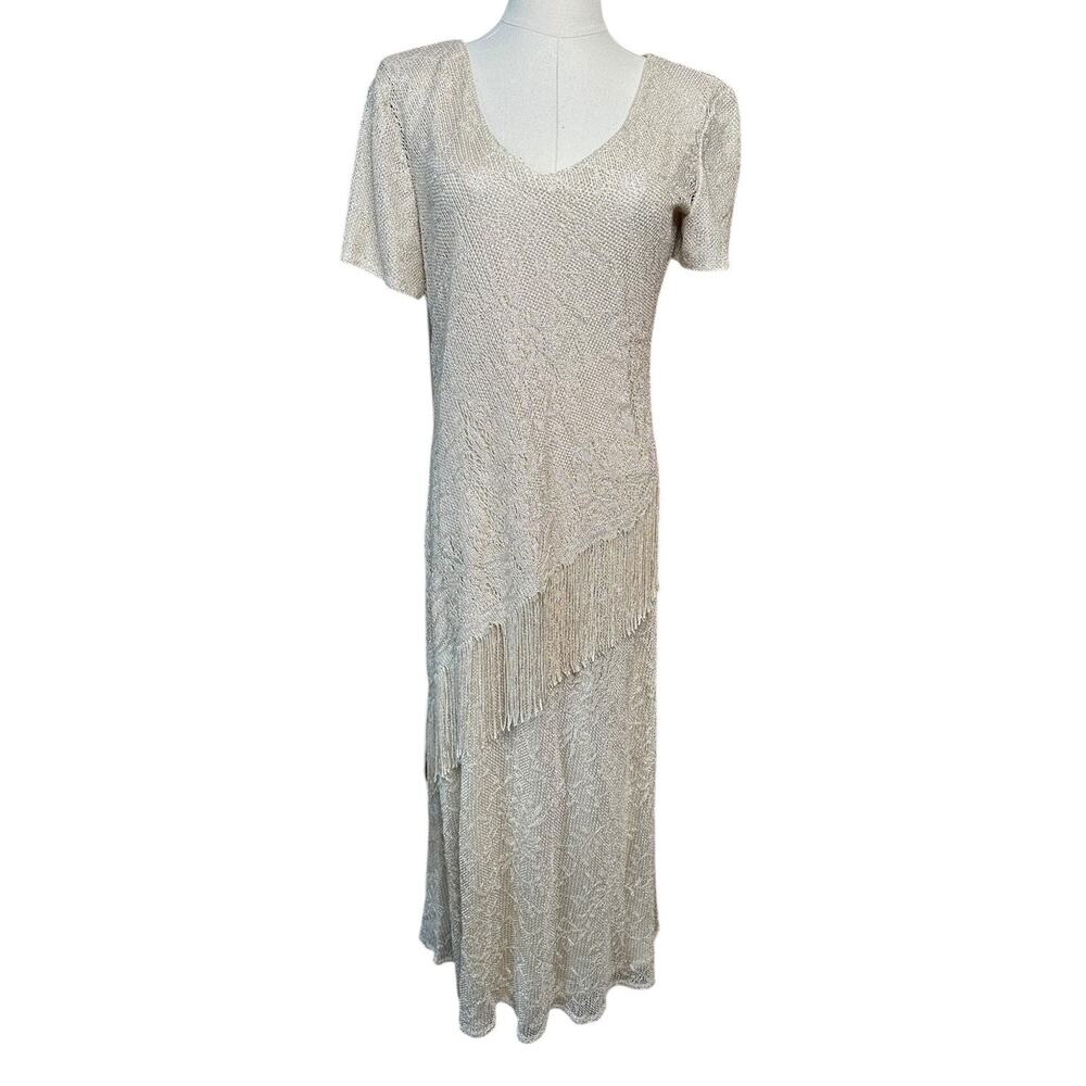 Vtg SL Fashions Cream Gold Lame Sparkly Formal Long Party Dress with Fringe 6
